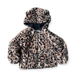 H&M Toddler Girls Leopard Print Faux Fur Jacket Detachable Hood Size 3-4T